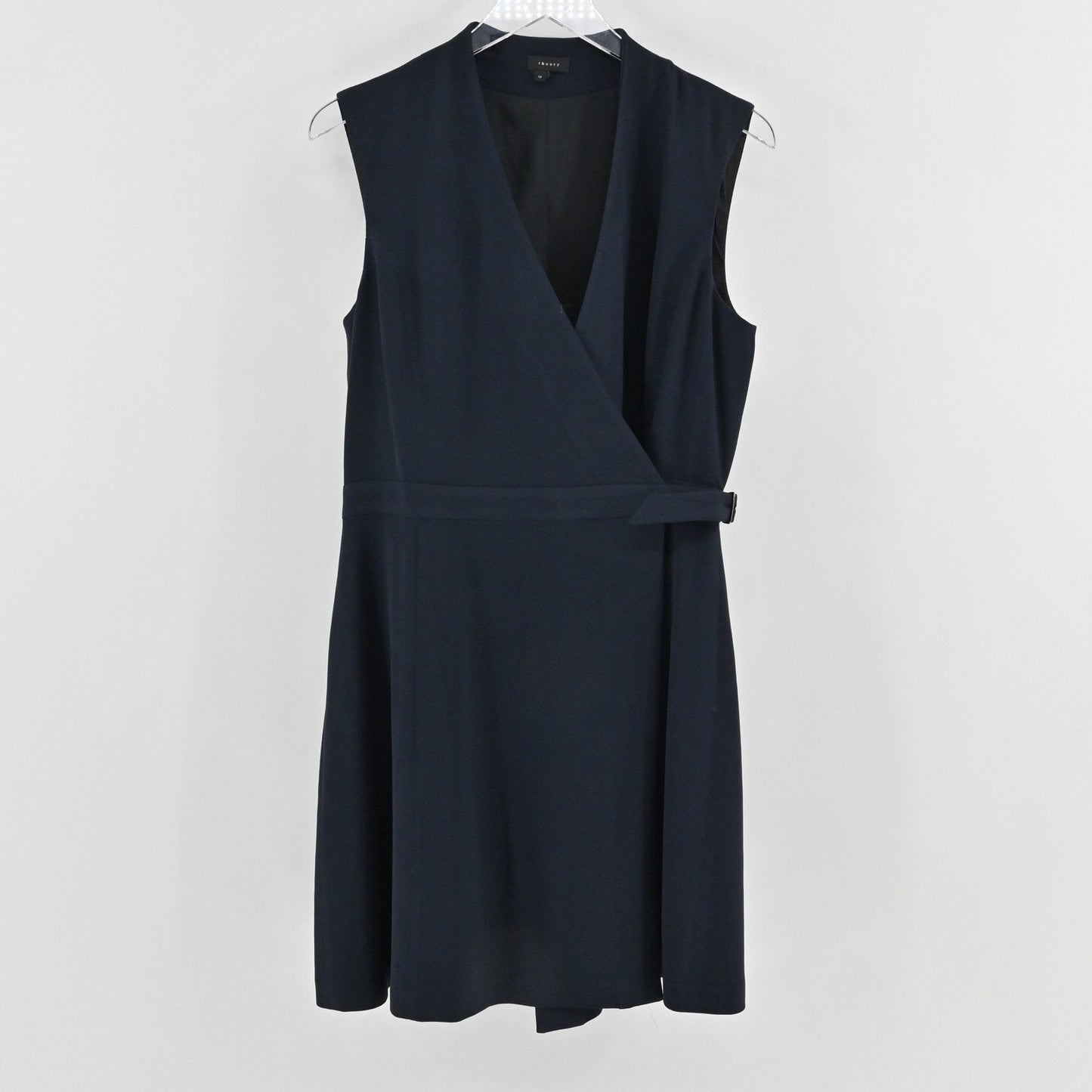 Theory Eldah Sleeveless Wrap Dress Size 10 Wool Navy Blue Quiet Luxury V Neck