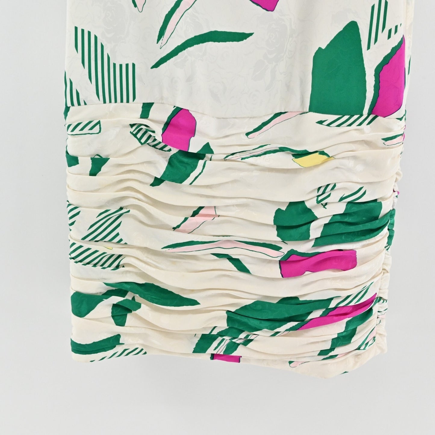 Vtg Cocktail Dress Sz L White Floral Silk Puff Sleeve Ruched Square JAYNA 80s