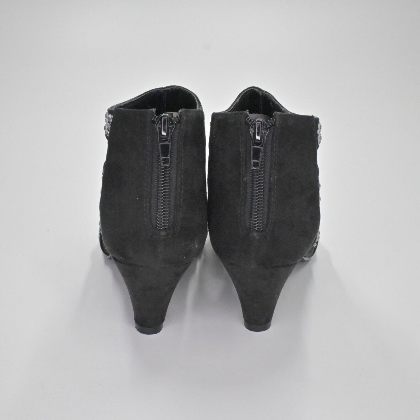 Vtg JOAN BOYCE Heels Womens Sz 7.5 Black Faux Suede Mesh Rhinestone Peep Toe Y2K