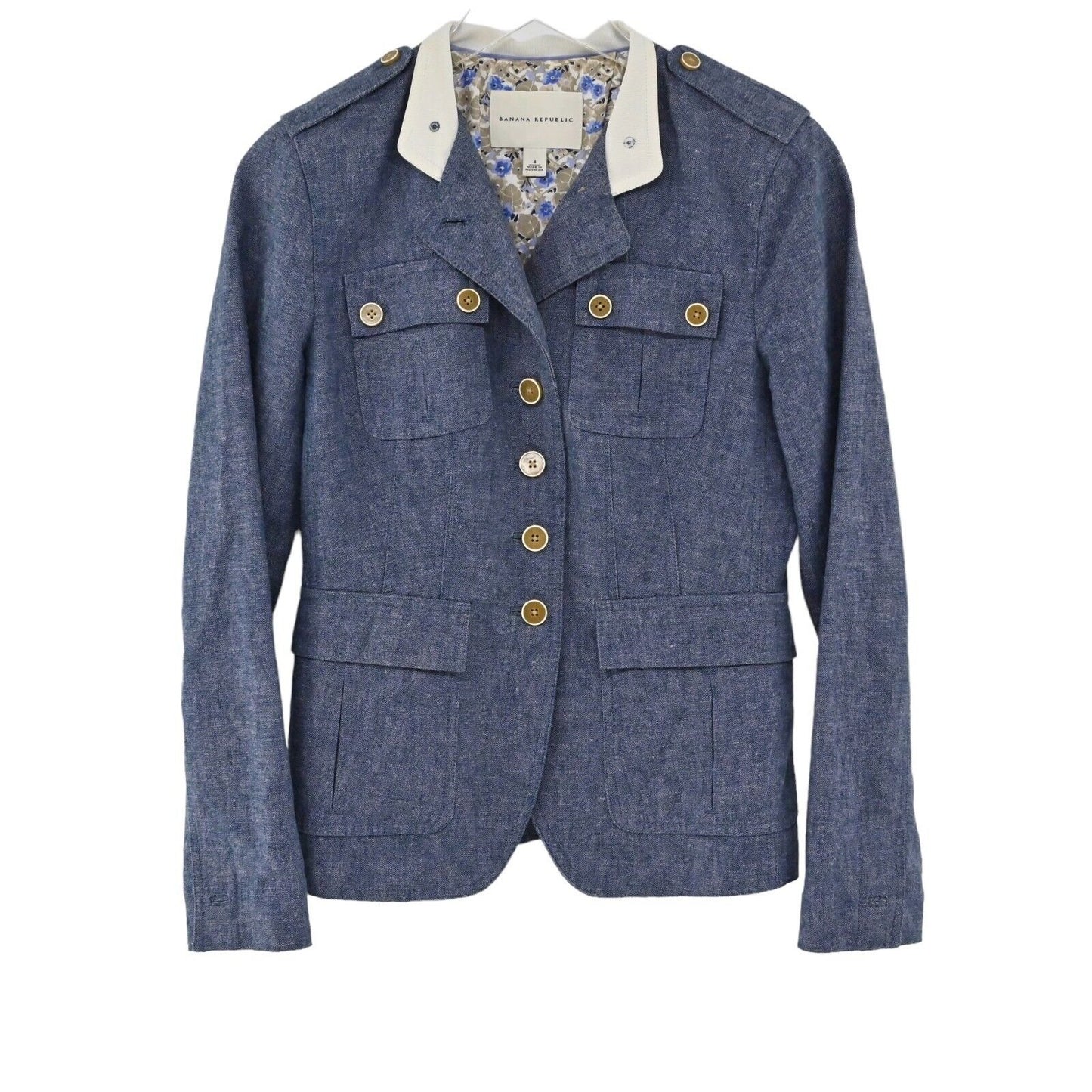 BANANA REPUBLIC Jacket Womens Sz 4 Blue Linen Cotton Button Front Utility Preppy