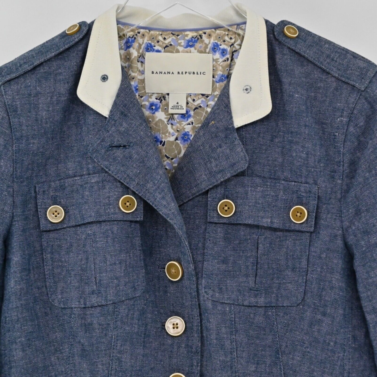 BANANA REPUBLIC Jacket Womens Sz 4 Blue Linen Cotton Button Front Utility Preppy
