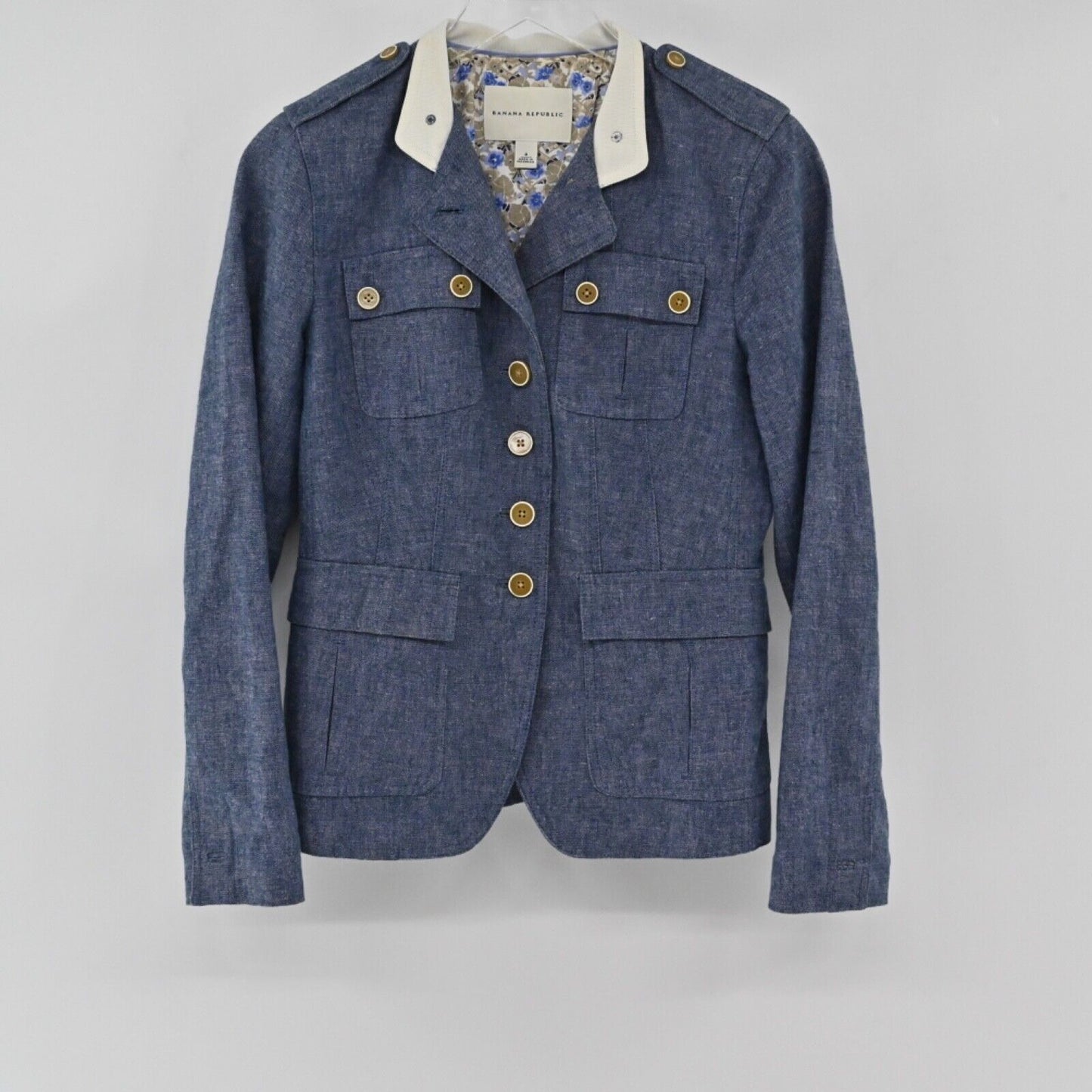 BANANA REPUBLIC Jacket Womens Sz 4 Blue Linen Cotton Button Front Utility Preppy