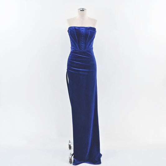 ABYSS by ABBY Velvet Blue Corset Dress Size S HOCO Strapless High Slit Maxi Gown