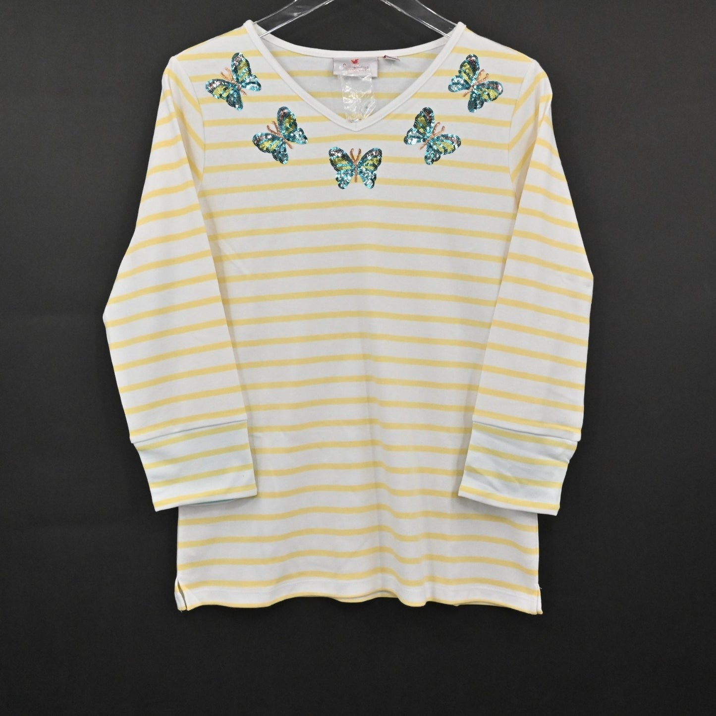 Quacker Factory Womens Sequin Butterfly Top Size S Yellow White Stripe Knit NEW