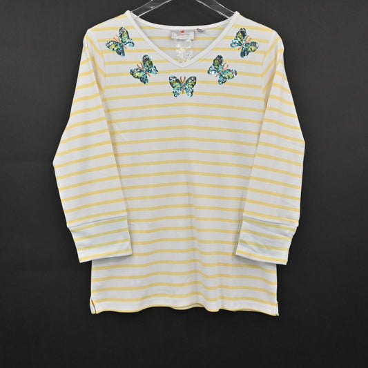 Quacker Factory Womens Sequin Butterfly Top Size S Yellow White Stripe Knit NEW