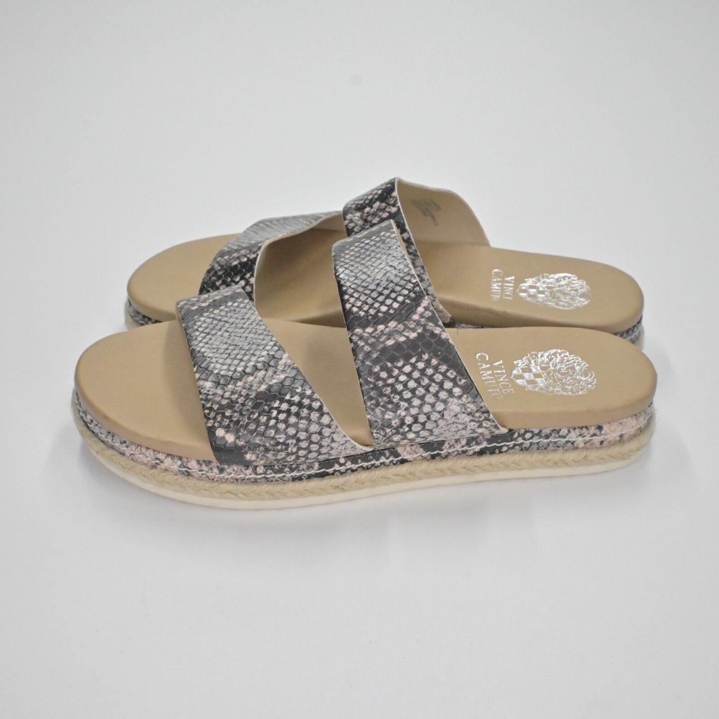 VINCE CAMUTO Sandals Womens Sz 6.5 Gray Snakeskin Print Rynnah Espadrille Slide