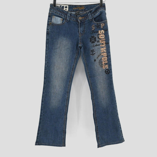 Vtg Y2k SOUTHPOLE Womens Studded Low Rise Jeans Sz 5 Logo Graphic Urban Graffiti
