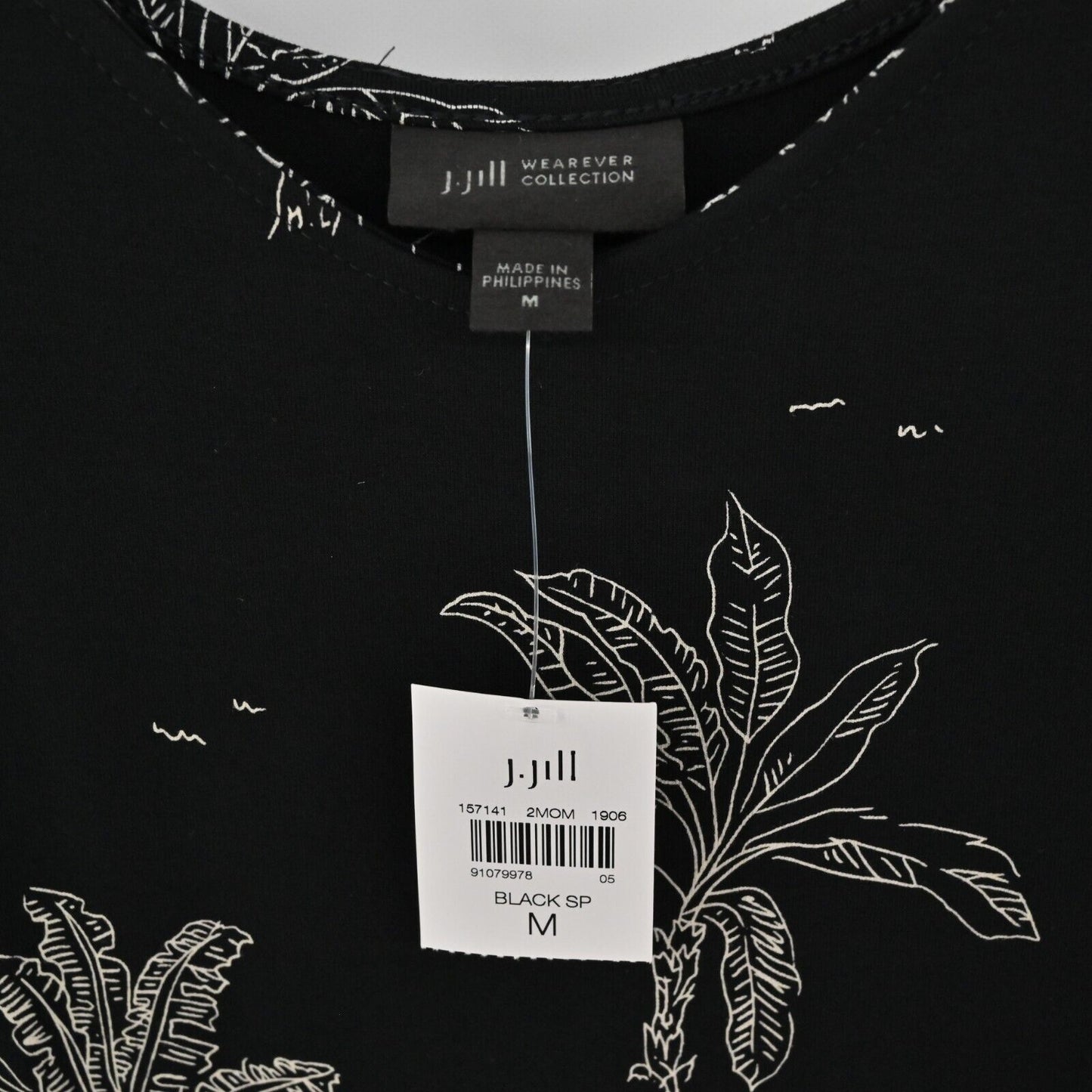 J JILL Dress Sz M Sleeveless Jersey Tropical Palm Black Wearever Collection NEW