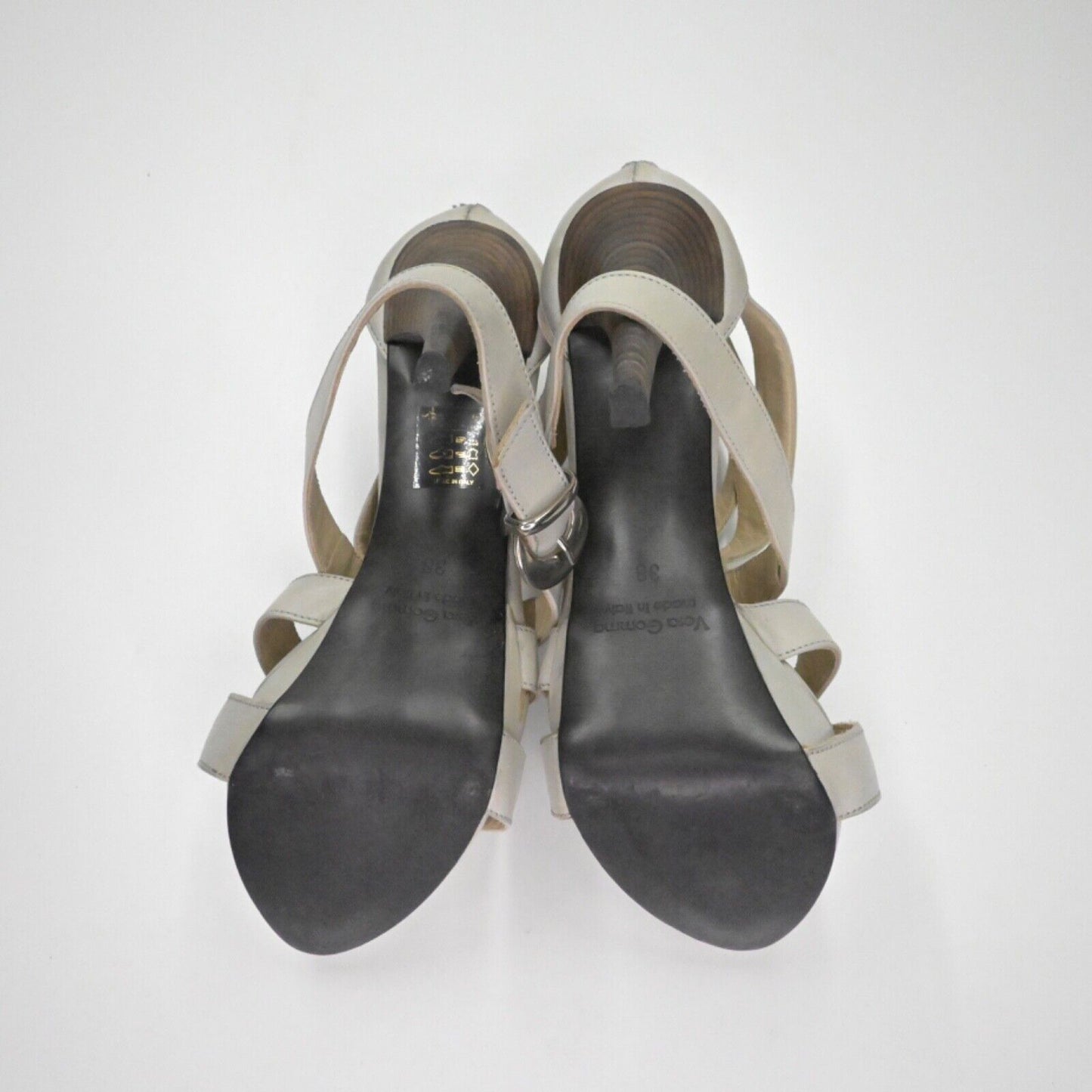 Vtg INNUE Heels Womens Size 38 Gray Leather Strappy Buckle Stiletto Back Zip 00s