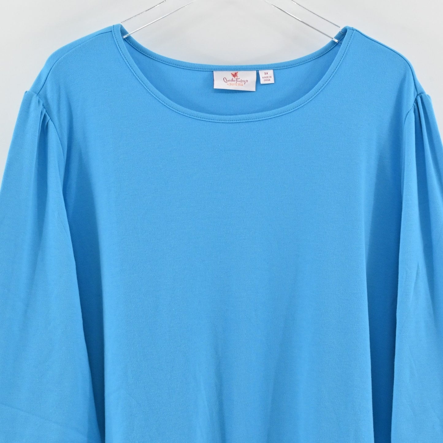 Quacker Factory Womens Scalloped Rhinestone Top Size 3X Blue 3/4 Puff Sleeve