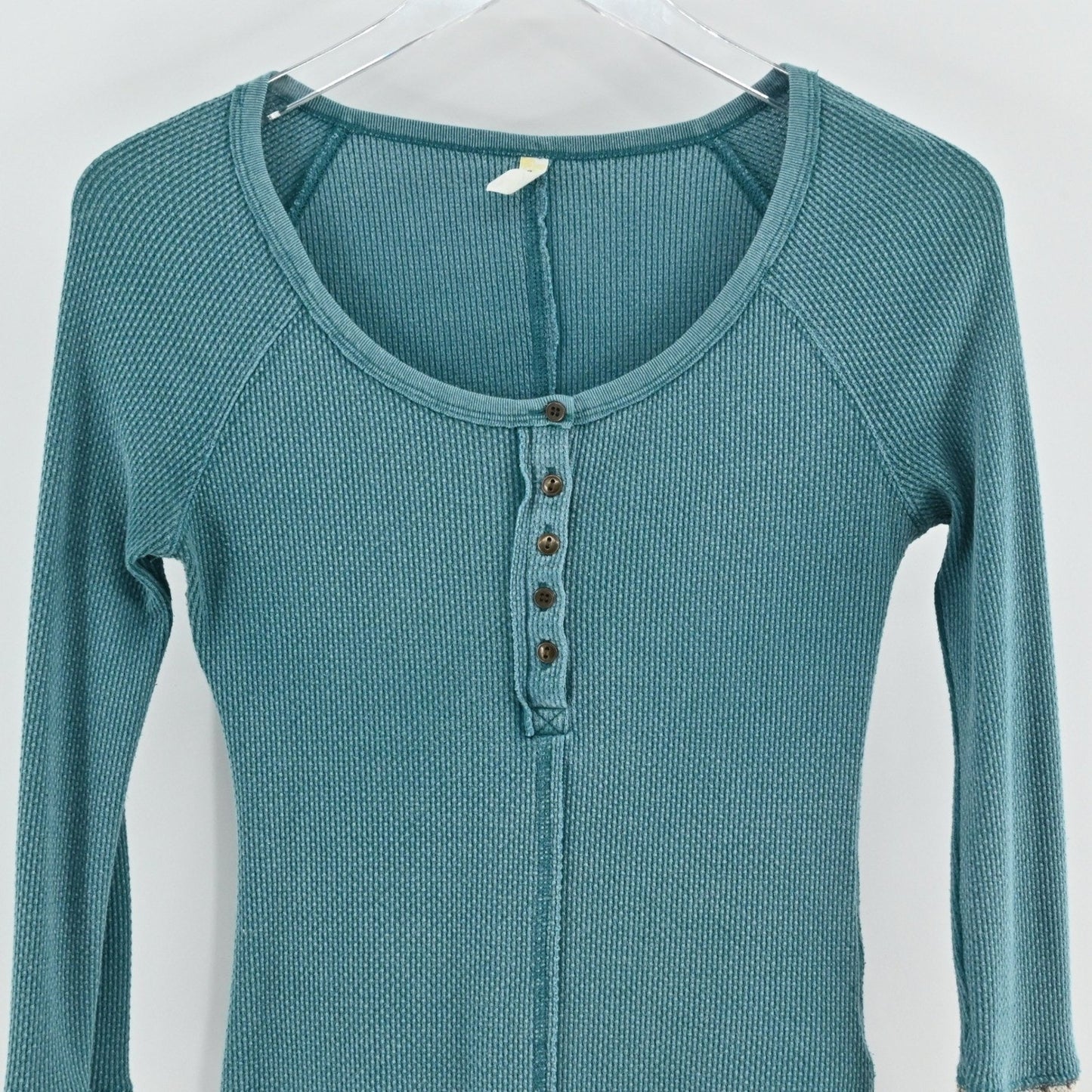 Free People Womens Apline Top Size XS Teal Thermal Waffle Knit Cuff Henley Boho