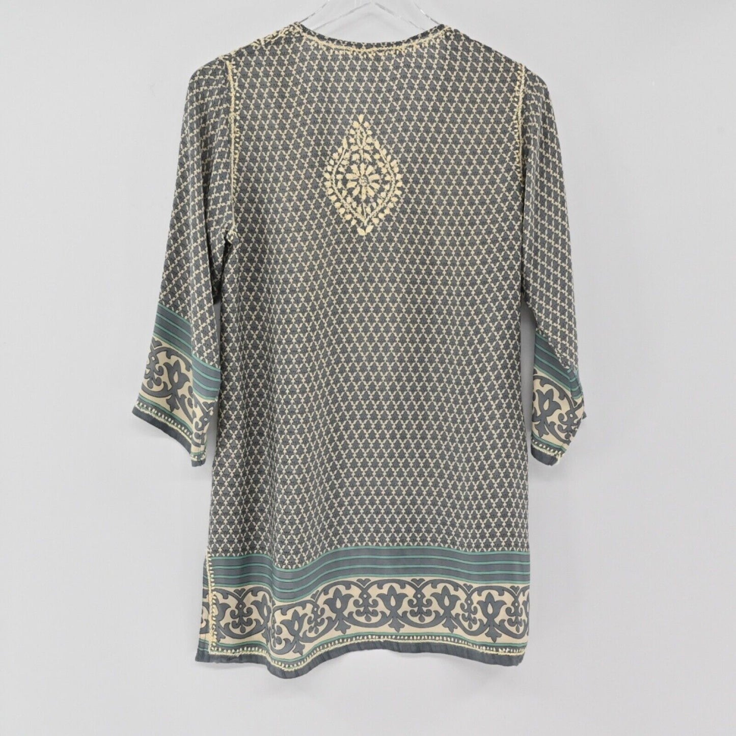 GRETCHEN SCOTT Tunic Top Womens Sz S Blue Silk Embroidered Boho Print 3/4 Sleeve