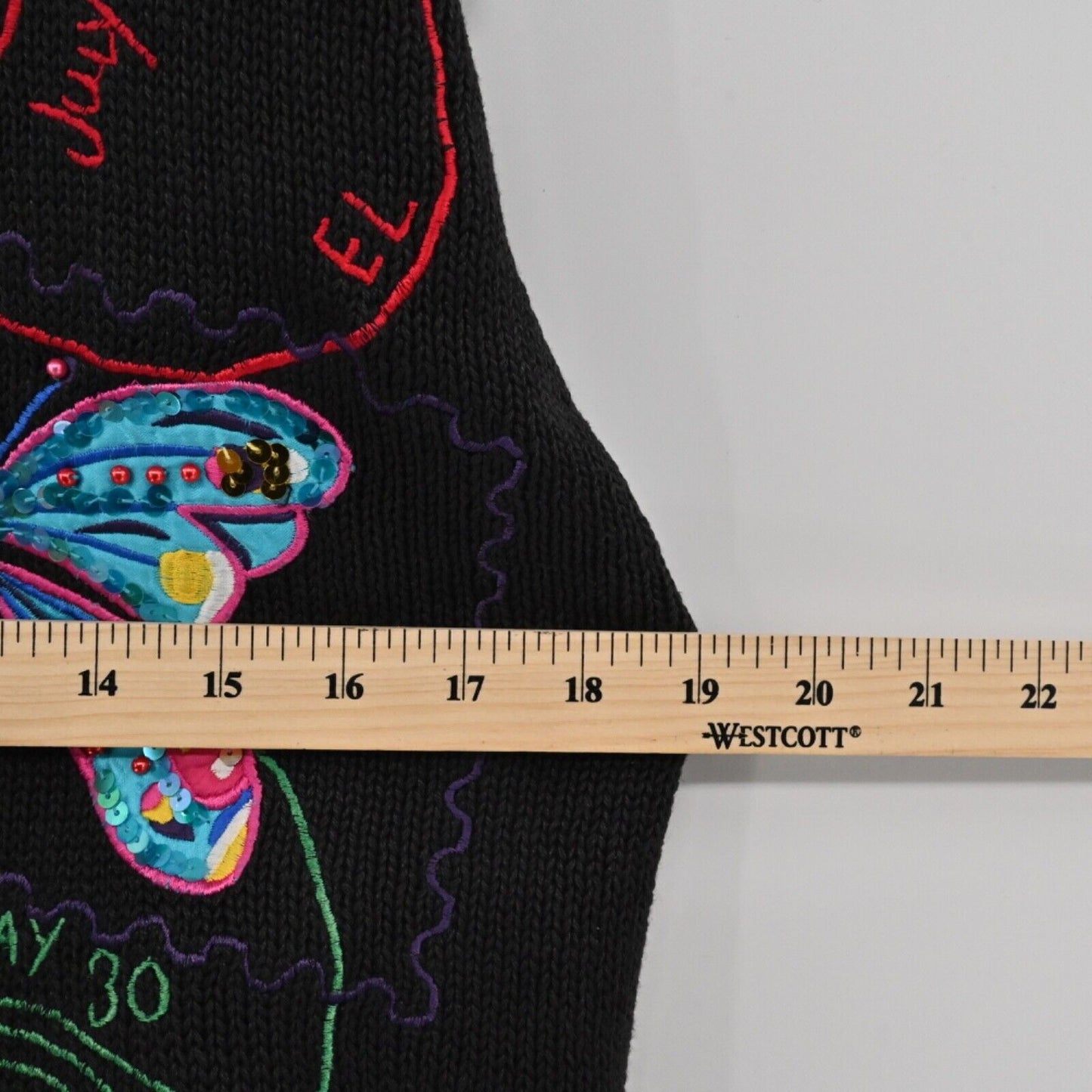 Vtg VICTORIA HARBOUR Sweater Womens Sz S Black Embroidered Butterfly Stamps 90s