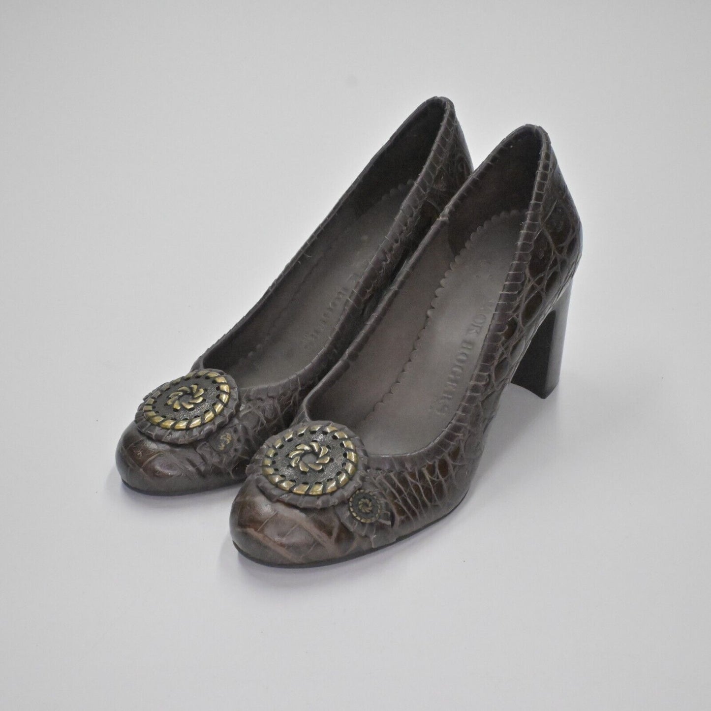 JACK ROGERS Heels Womens Size 7 Coin Isabelle Brown Croc Leather Pump Round Toe