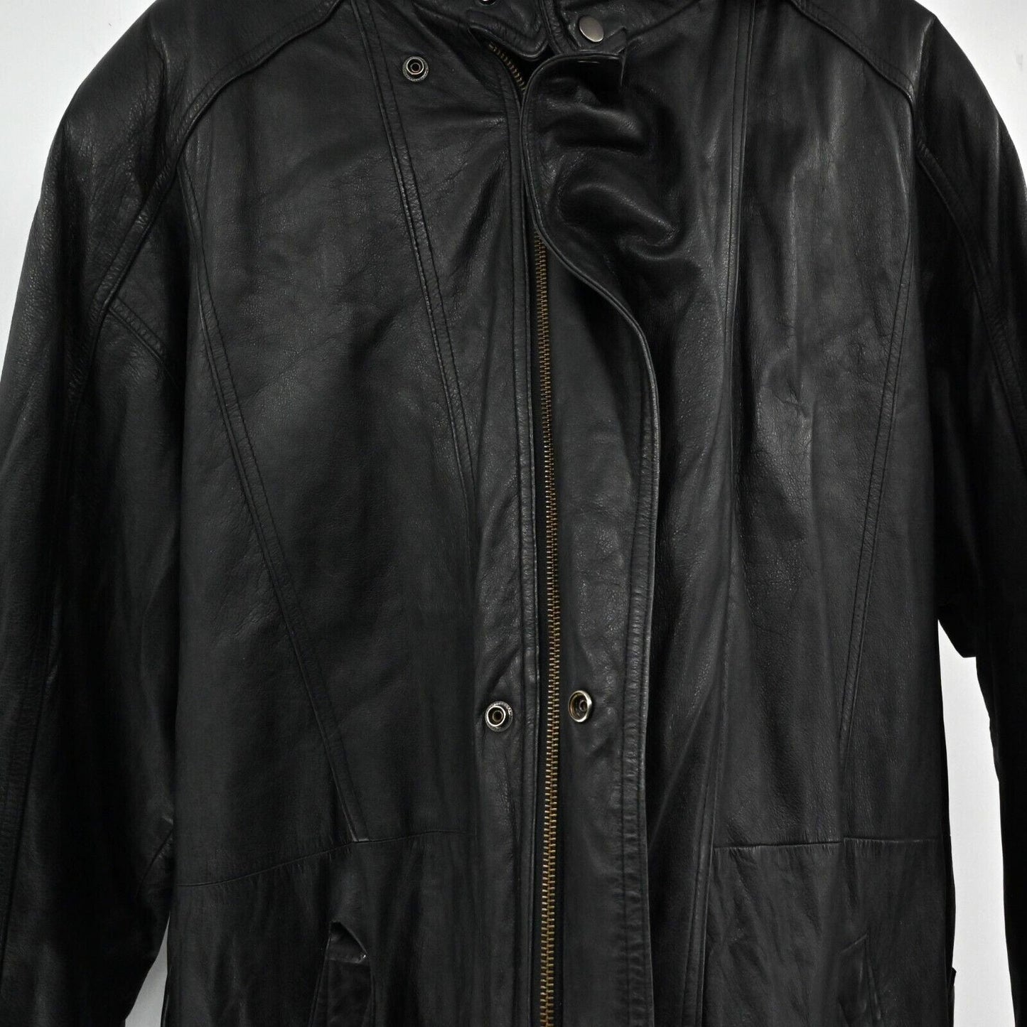 Vtg WILSONS Leather Coat Mens L Black Removable Hood Belted Faux Fur Lined 80s