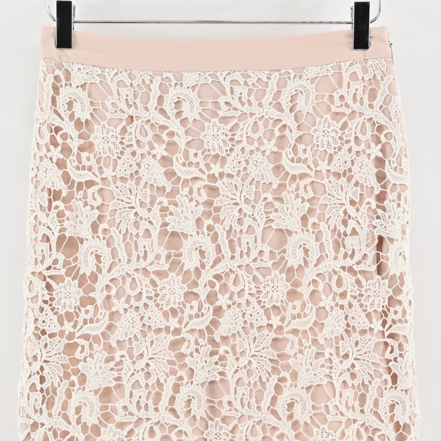 FRENCH CONNECTION Crochet Pencil Skirt Sz 4 Blush Pink Lace Overlay Office Siren
