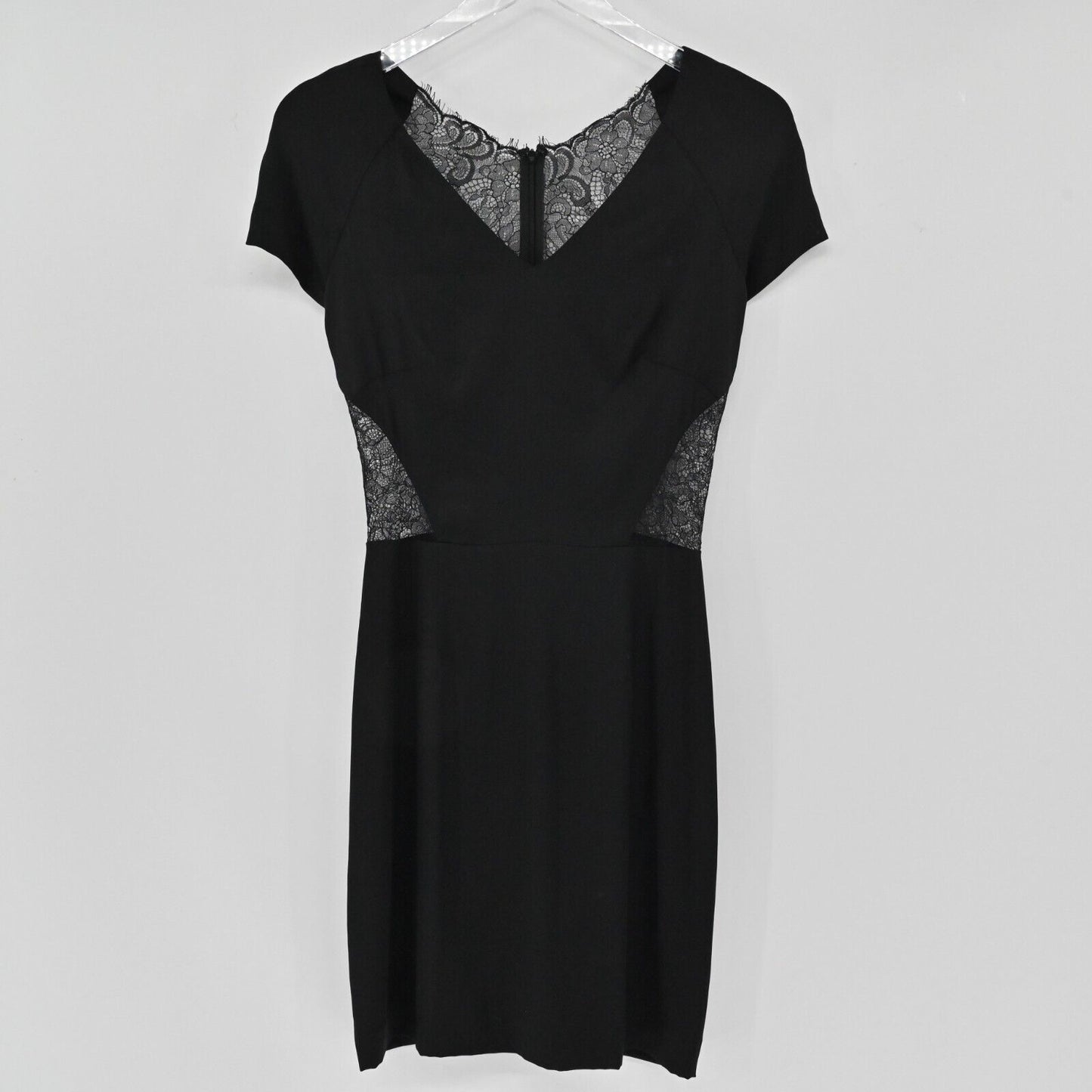 BARNEYS NEW YORK Dress Womens Sz 2 CO OP Black Short Sleeve VNeck Lace Back Silk