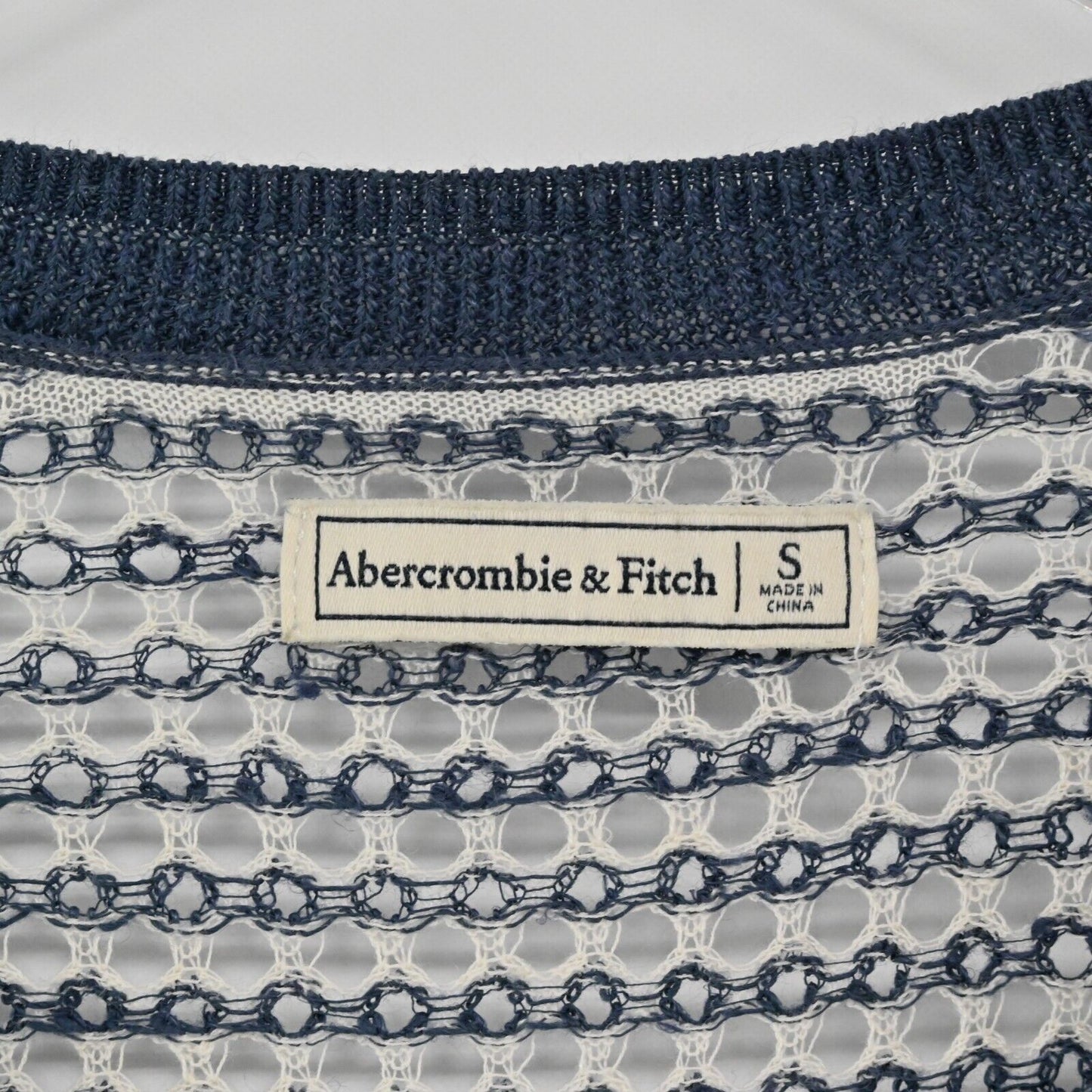 ABERCROMBIE FITCH Sweater Womens Size S Open Knit V Neck Long Sleeve Navy Ivory