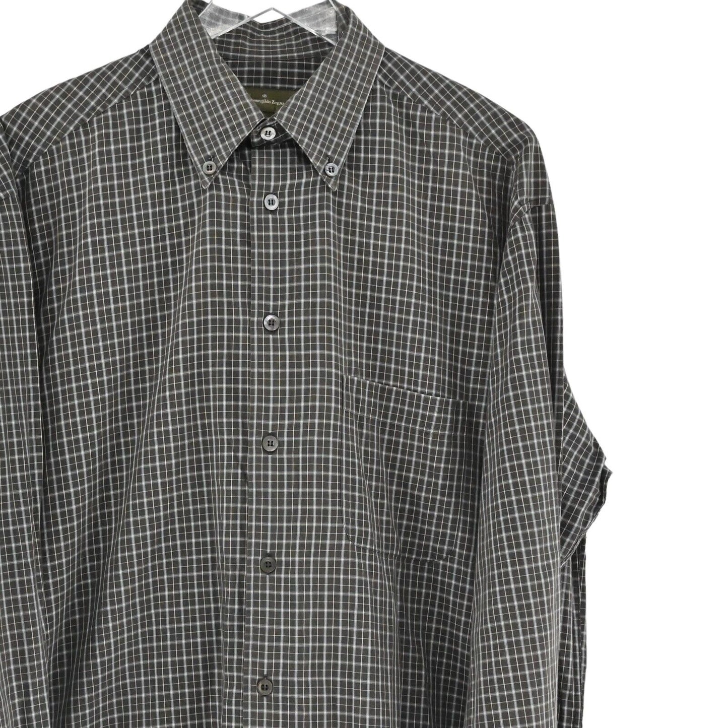 Vtg ERMENEGILDO ZEGNA Dress Shirt Mens Sz XL Black Plaid Button Down Cotton 90s