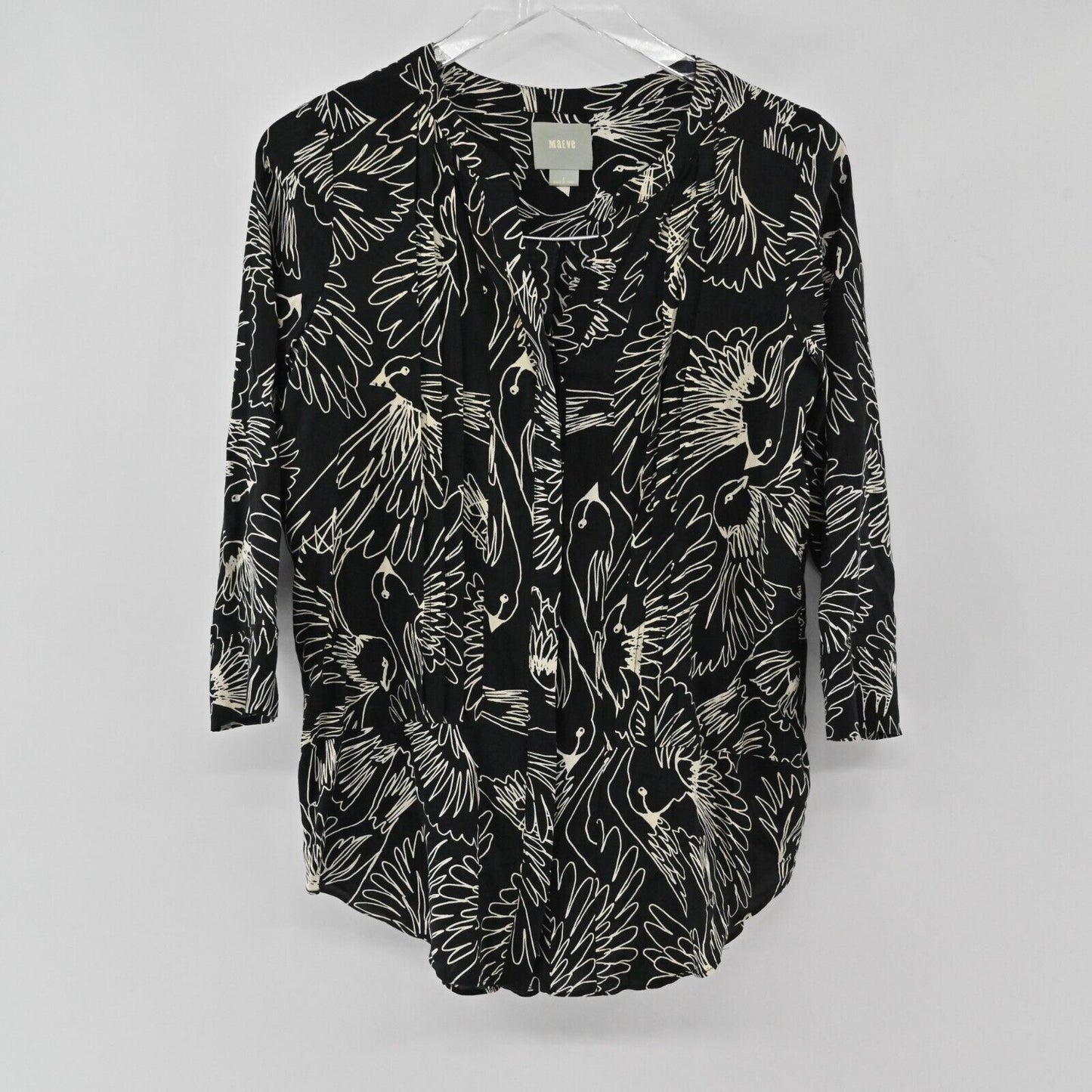 ANTHROPOLOGIE Top Womens Size 2 Maeve Bird Novelty Print Pleated Pintuck Blouse