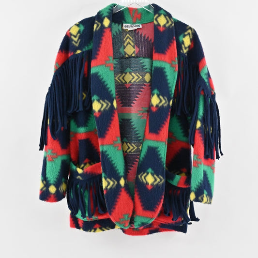 Vtg WESTBOURNE Jacket Womens Size XXL Southwestern Print Fleece Fringe Coatigan
