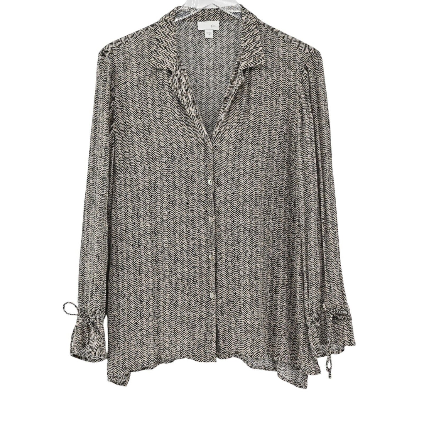 J JILL Top Womens Size M Cream Black Herringbone Button Up Long Bow Bell Sleeve