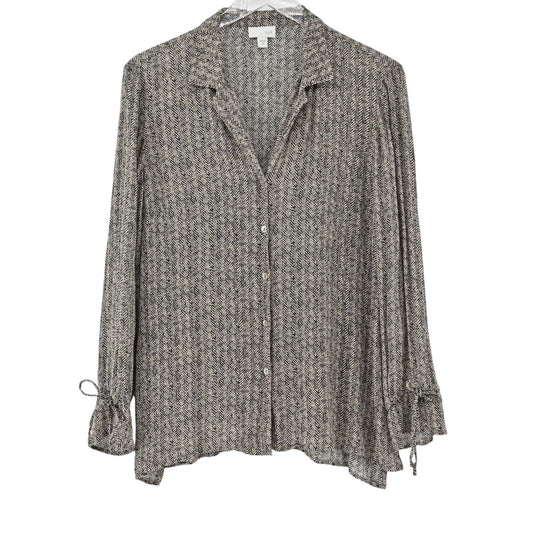 J JILL Top Womens Size M Cream Black Herringbone Button Up Long Bow Bell Sleeve