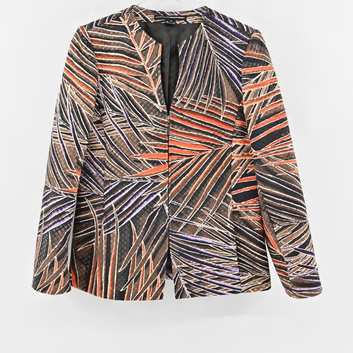 Vtg ELLEN TRACY LINDA ALLARD Womens Silk Jacket Size 10 Leaf Print Collarless