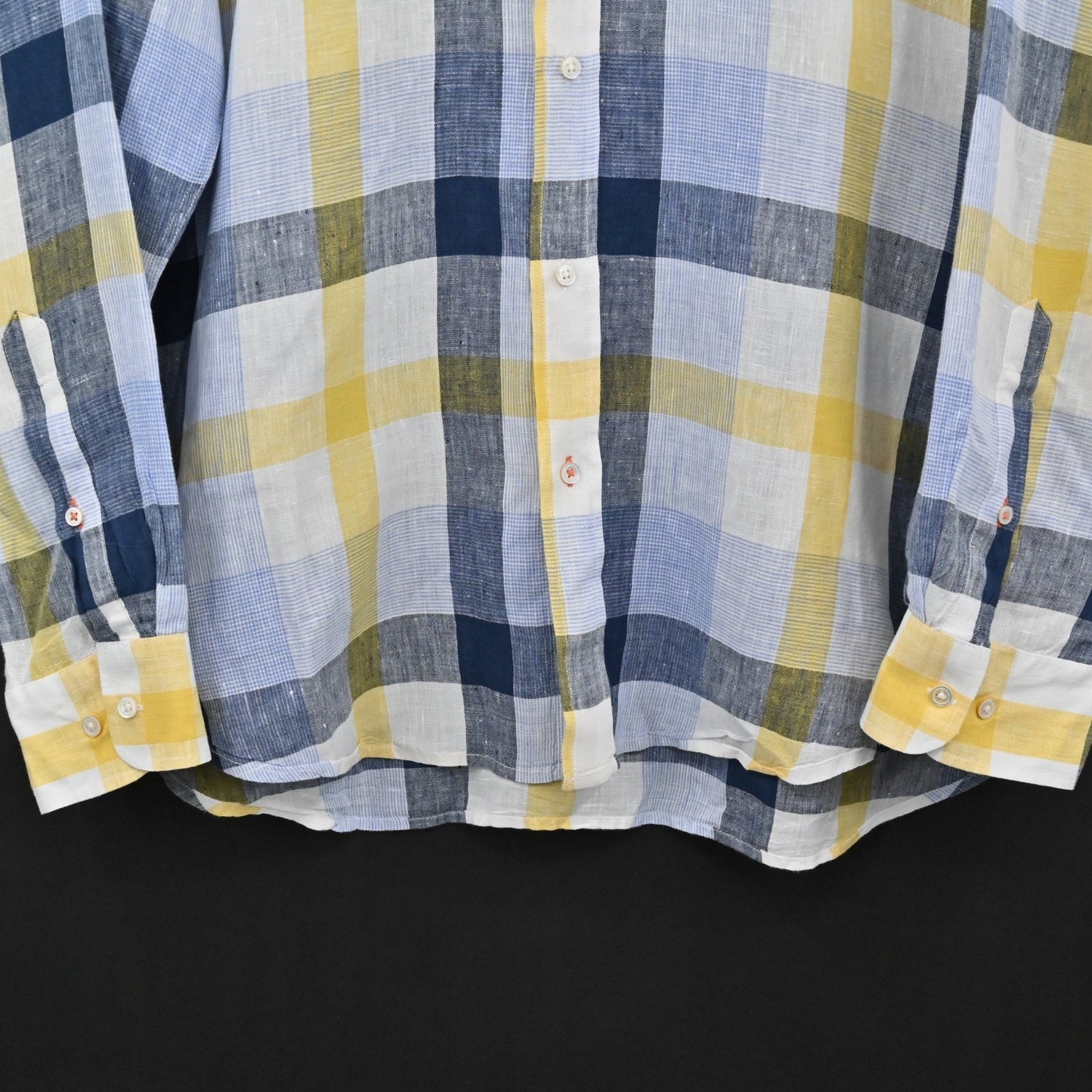 J McLaughlin Mens Plaid Collared Shirt Size XL Linen Blue Yellow Button Down