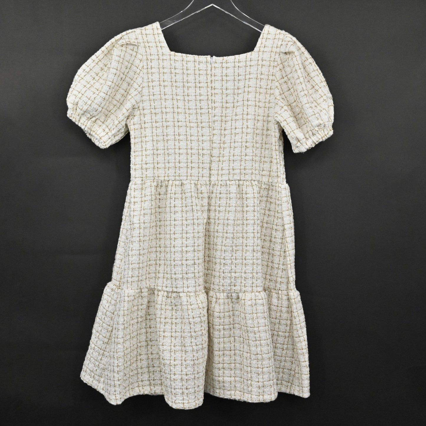 Simply Southern Tweed Puff Sleeve Dress Size M Square Neck Tiered Ivory Gold NEW