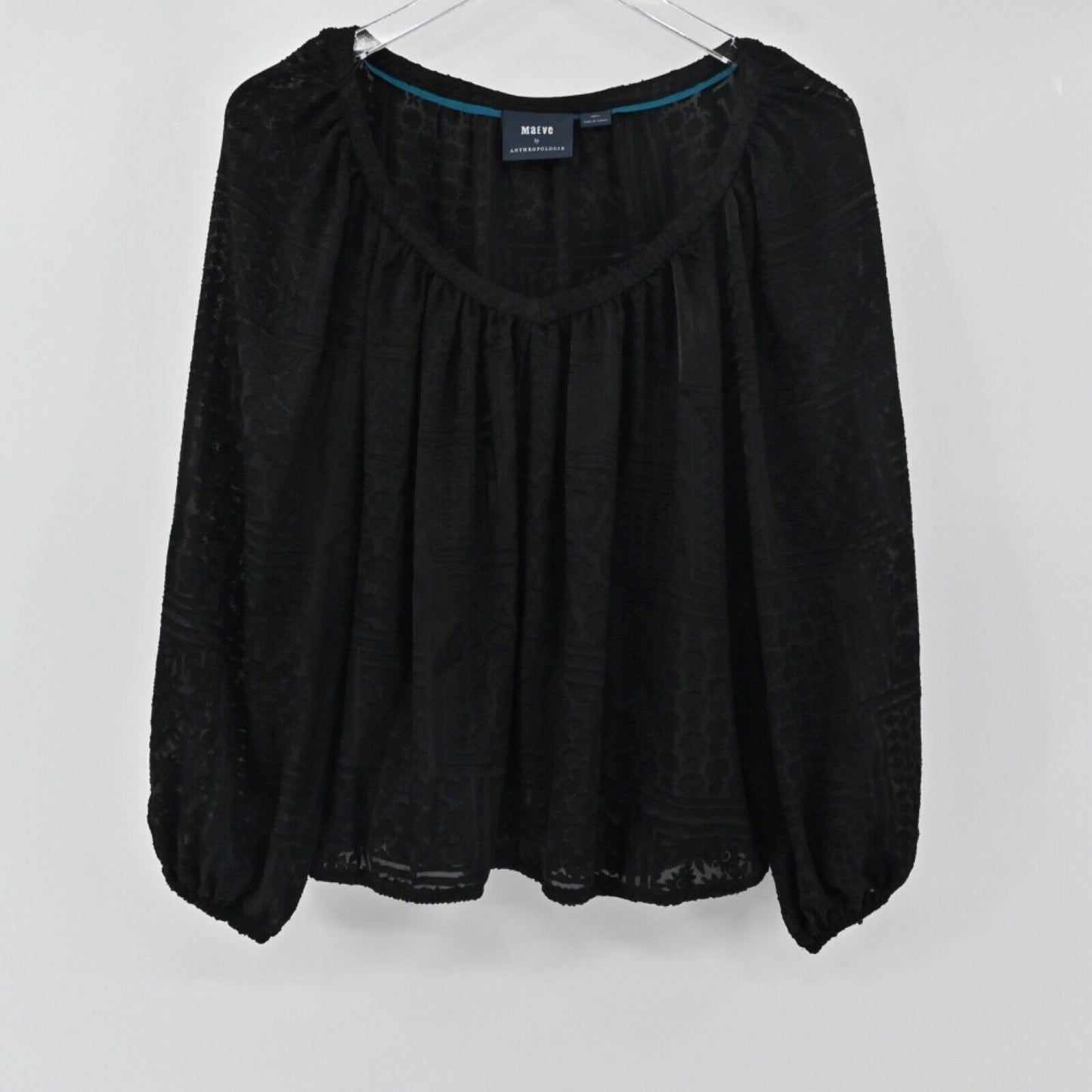 MAEVE by ANTHROPOLOGIE Top Womens Size S Black Patchwork Burnout Balloon Sleeve