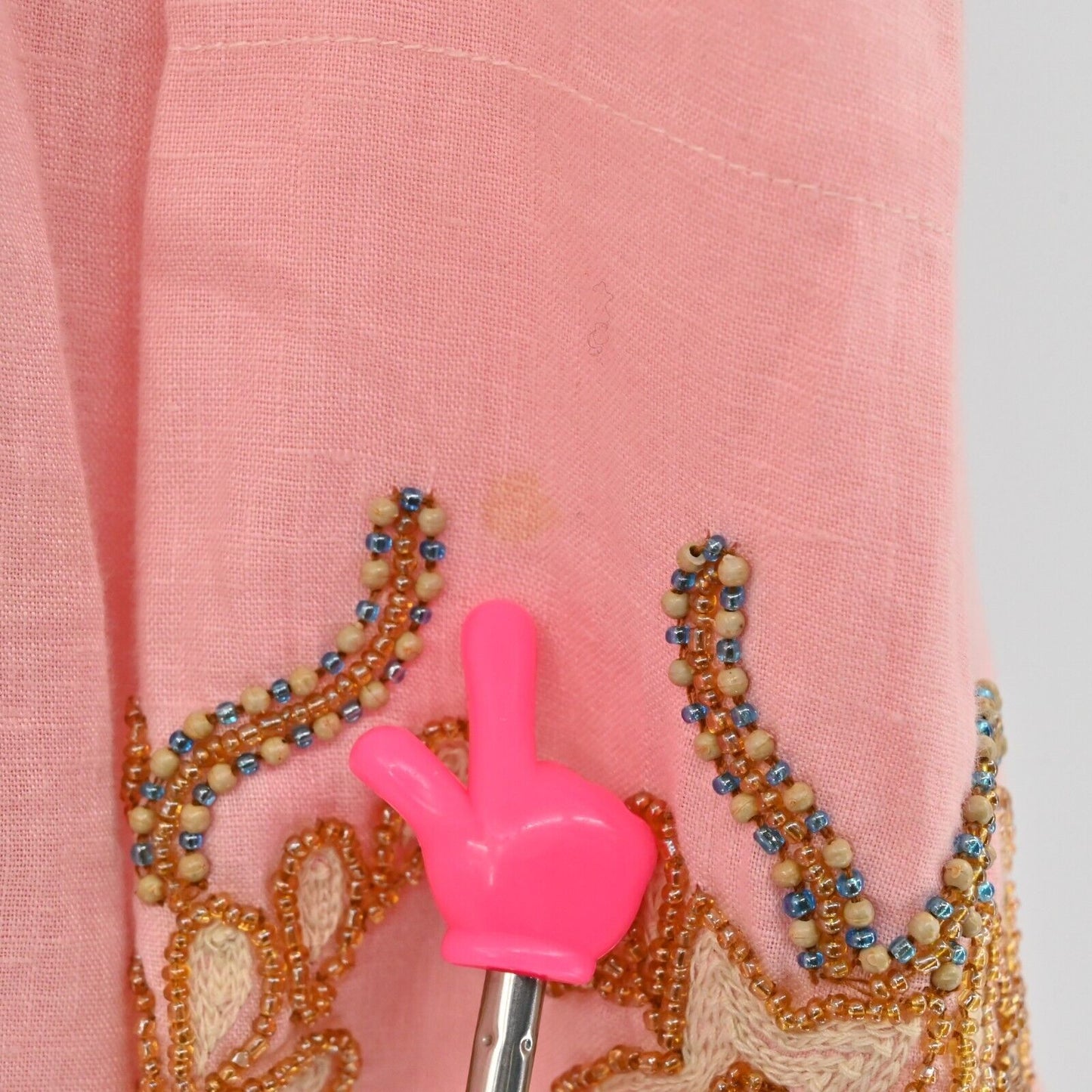 BARBARA GERWIT Top Womens Size M Linen Beaded Detail Pink Tunic Split VNeck
