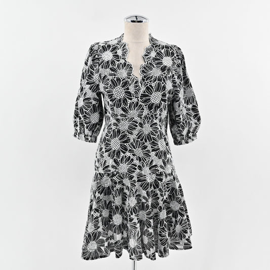 BOSTON PROPER Embroidered Dress Sz 6 Black White Floral Puff Sleeve Flounce Hem