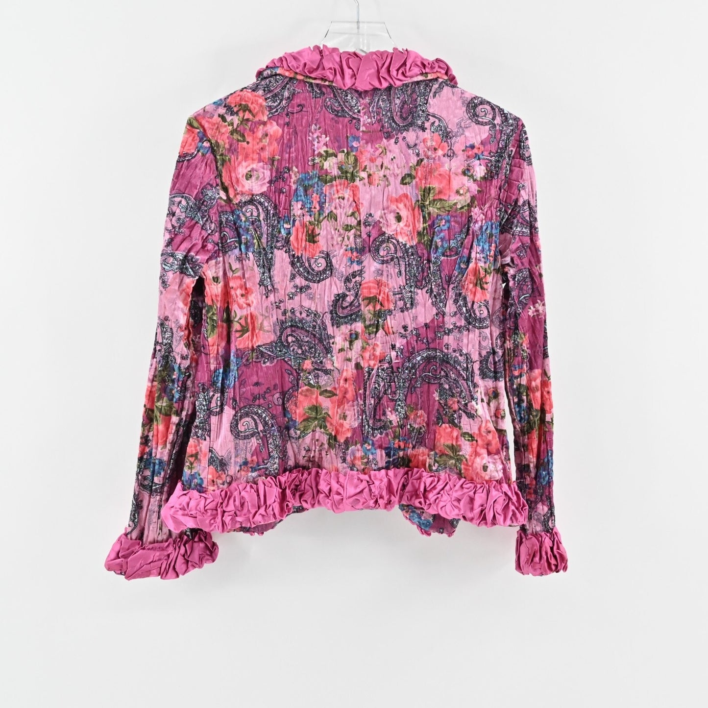 Vtg FANTAZIA Womens Velvet Jacket Size M Pink Floral Paisley Crinkle Ruffle Y2k