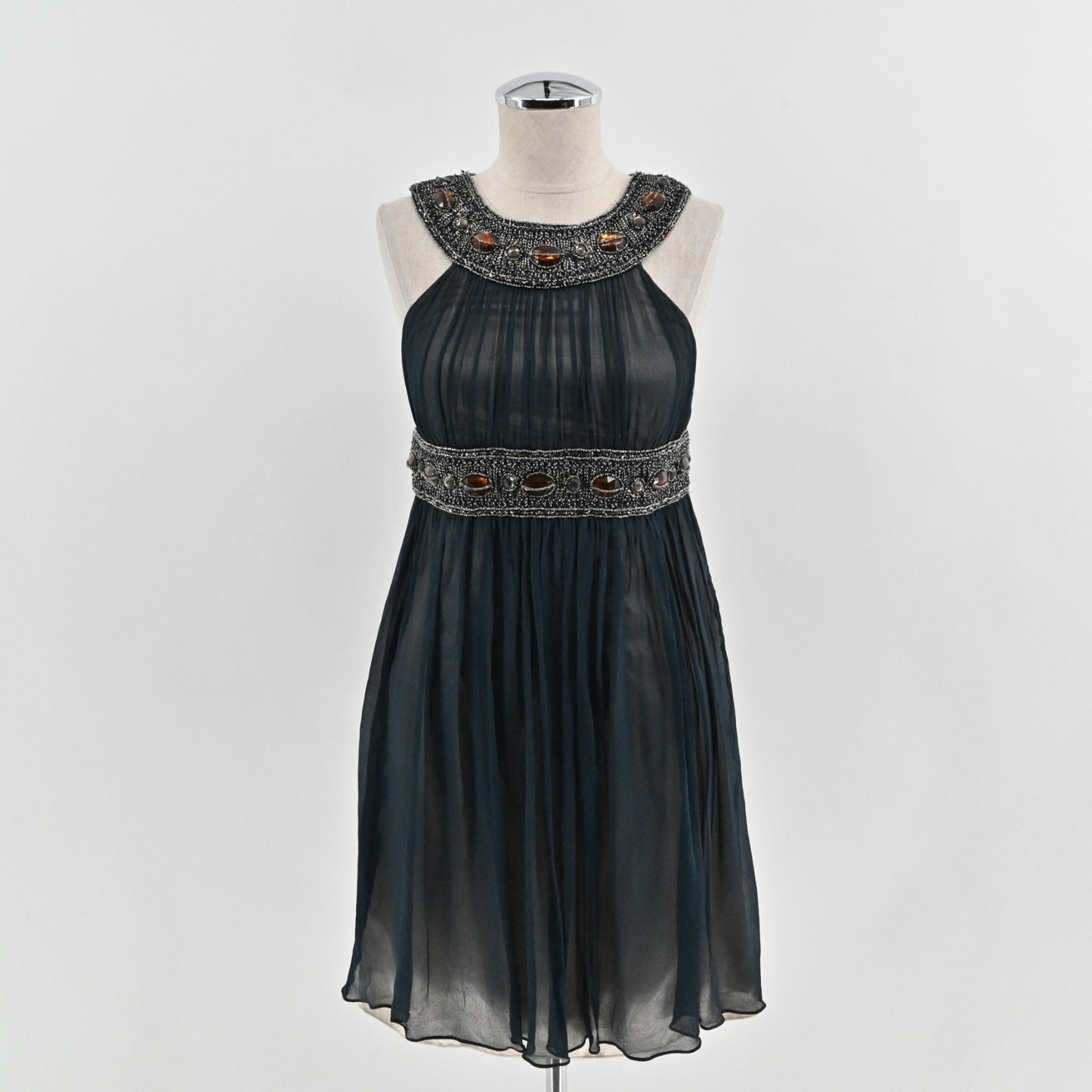 Niteline Silk Chiffon Beaded Dress Size 2 Black Sleeveless Empire Waist Cocktail