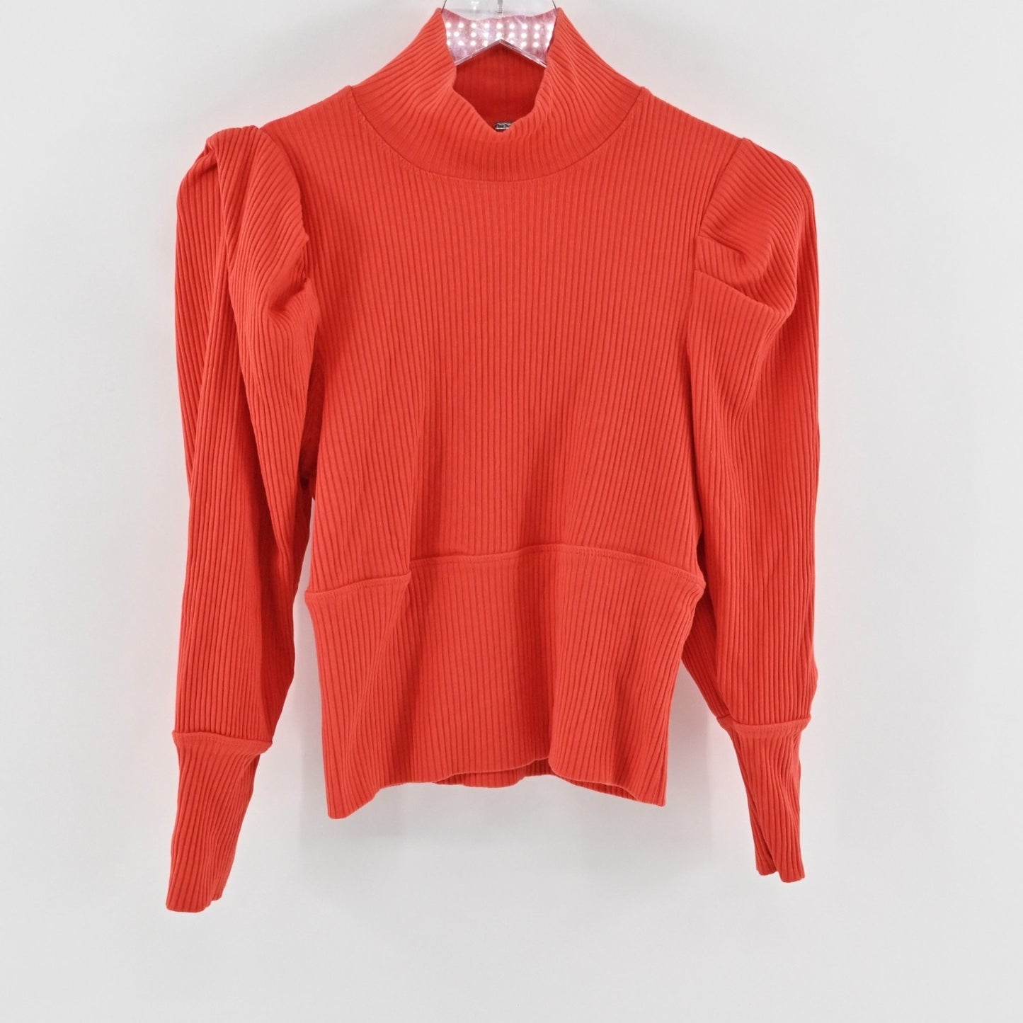 Free People Lala Cropped Top Size L Red Ribbed Puff Sleeve Mock Neck Vibrant