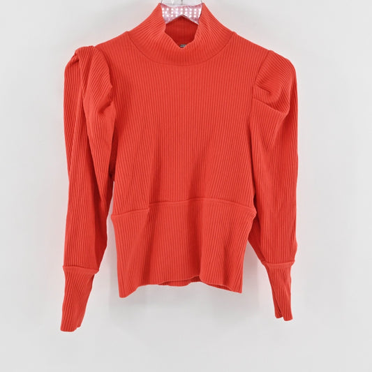 Free People Lala Cropped Top Size L Red Ribbed Puff Sleeve Mock Neck Vibrant