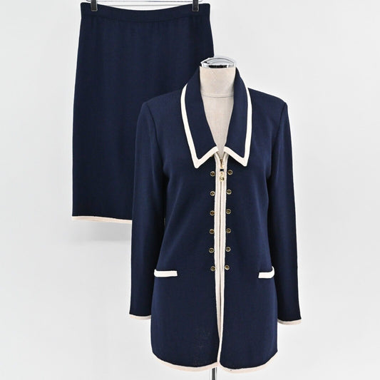 Vtg ST JOHN Skirt Suit Size 8/10 Navy Blue Santana Knit Full Zip Jacket Dog Show