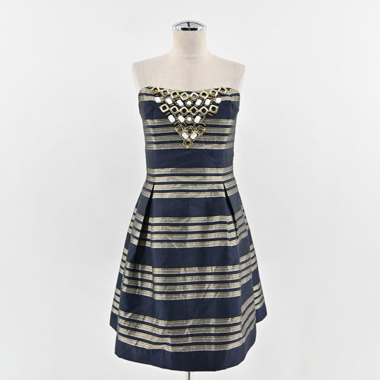 LILLY PULITZER Sami Dress Sz 10 Ryan Navy Metallic Stripe Embellished Strapless