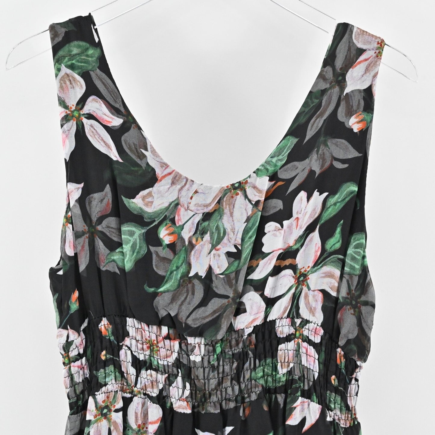 ELENA BALDI Silk Maxi Dress Size L Black Floral Chiffon Sleeveless V Neck Italy