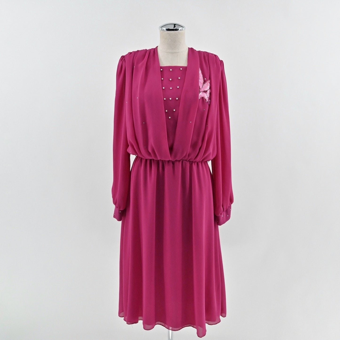 Vintage 70s 80s Blouson Evening Midi Dress Sz 10 Pink Beaded Sequin Puff Sleeve