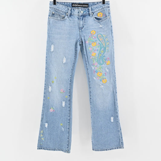 Vtg Embroidered Jeans Sz 5 Low Rise Flare Distressed Y2k Floral Paisley Festival