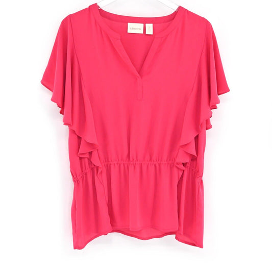 CHICOS Top Womens Size L Bright Pink V Neck Cinched Waist Flutter Short Sleeve