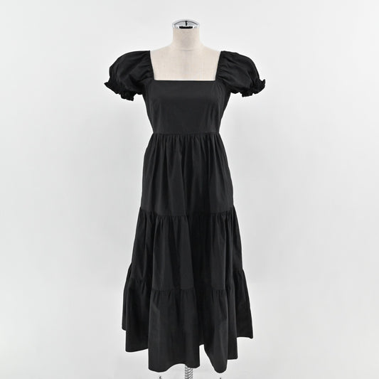 OPT Josephine Tiered Dress Size M Black Square Neck Puff Sleeve Midi Cottage NEW