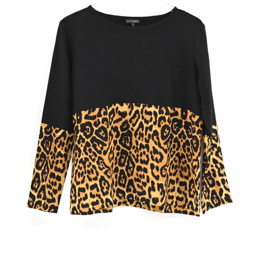 INTERMIX Top Womens Size S Colorblock Black Leopard Print 100% Silk Long Sleeves