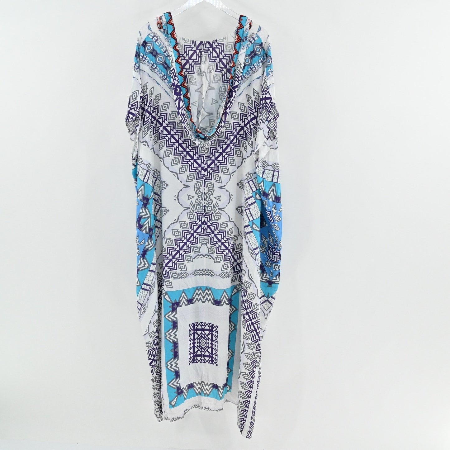 Rococo Sand Silk Kimono Maxi Dress Size M Beaded Hooded Blue Tribal Resortwear