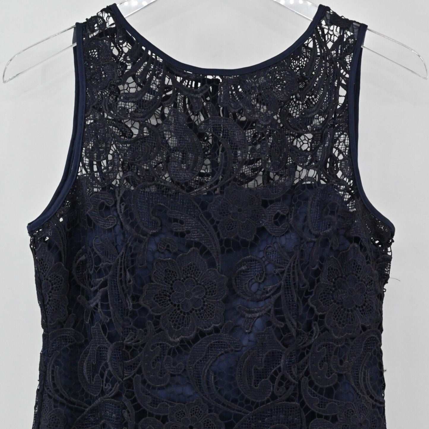 ADRIANNA PAPELL Dress Womens Sz 8 Black Blue Sheer Floral Lace Sleeveless Sheath