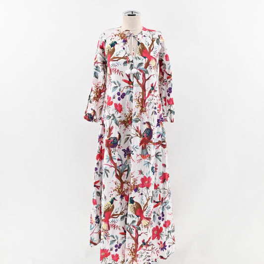 GUADALUPE DESIGN Maxi Dress Size S Cotton Tie Neck Bird Floral Print Relaxed