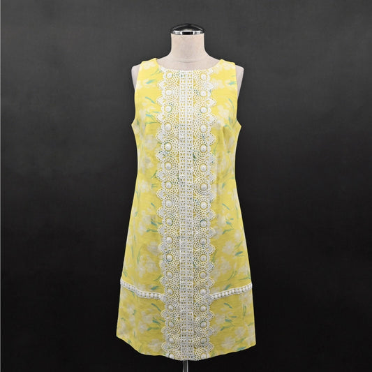 ELIZA J Yellow Shift Dress Size 6 Sleeveless White Lace Trim Floral Print Preppy
