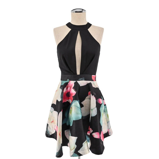 LUXXEL Dress Womens Size S Mini Fit Flare Halter Black Floral Satin Retro Prom